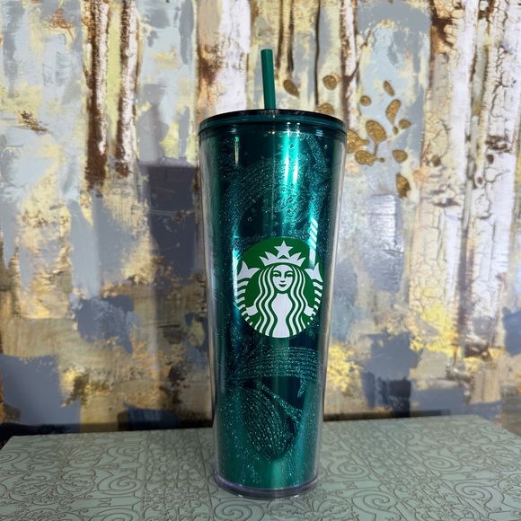 Starbucks Green Glitter Tropical Swirl Acrylic Cold Cup Tumbler - Picture 6 of 6